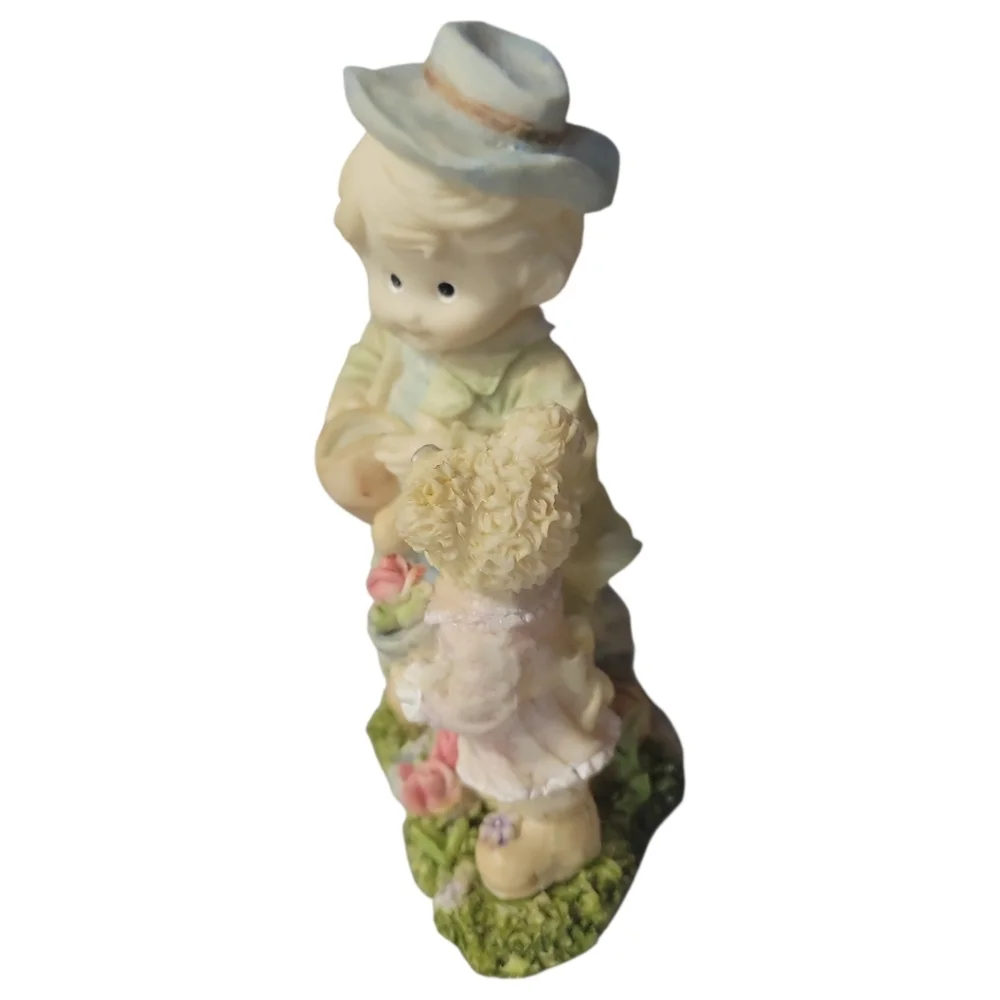 Vtg 90's Resin Figurine Statue Boy Girl Teddy Bear Garden Roses Water Pitcher